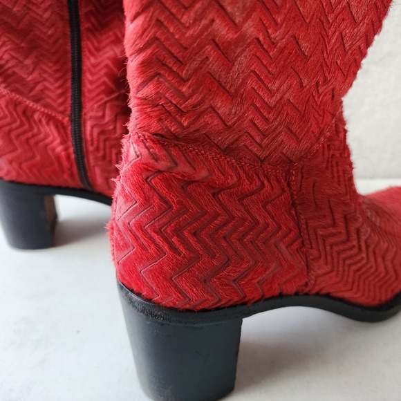 Rocco P Boots Womens 6.5 Red Leather Fur Block Heel Zig Zag Italy Vintage EU 37 - Picture 6 of 15